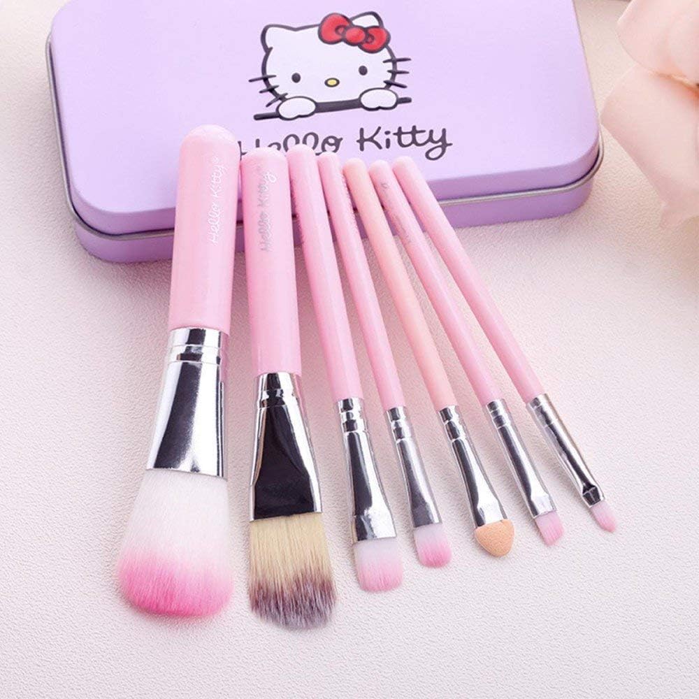 Hello Kity Complete Makeup Mini Brush Kit with A Storage Plastic Box (Set of 7 Pieces)