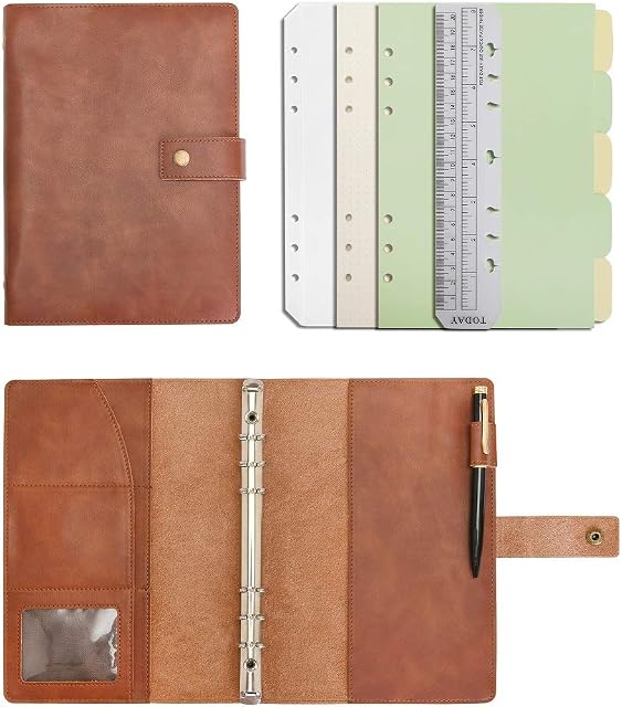 Wonderpool Leather Diary Refillable Notebook Spiral Journal Binder Portfolio - A5 Dot Grid Paper & Inner Pockets for Travel Work and Personal Organizer (Coffee, A5)