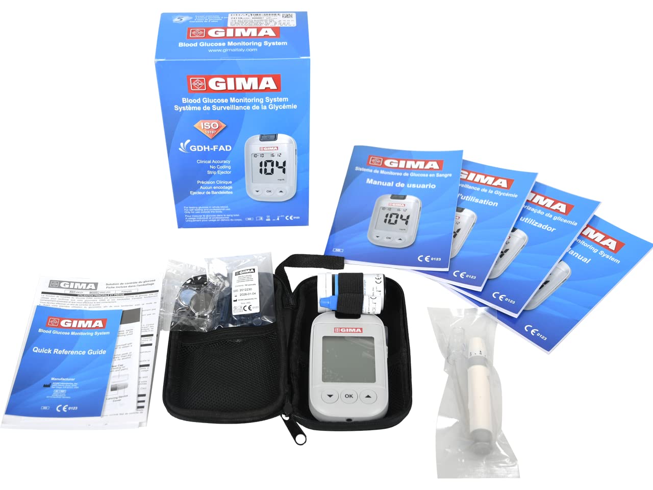 GIMA Misuratore Glicemia Glucometro Kit Completo Per Il Controllo e Il Monitoraggio Del Glucosio Nel Sangue Con 10 Strisce Soluzione Di Controllo 10 Lancette Sterili Penna Pungidito, GB,FR,ES,PT