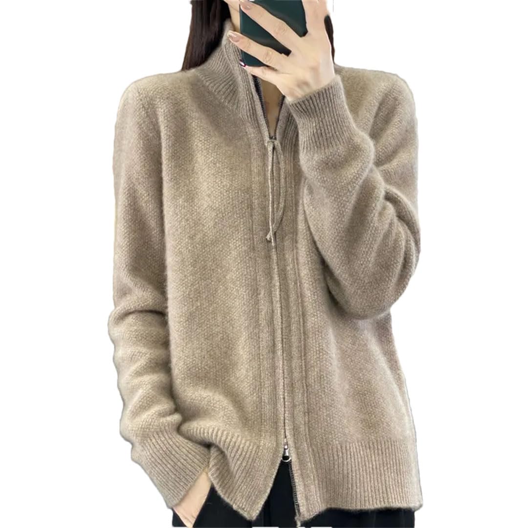 Alloaone Cardigan da Donna con Colletto alla Coreana in Lana con Cerniera, Maglione A Maniche Lunghe in Cashmere Lavorato A Maglia