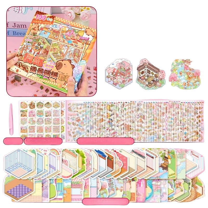 Luzhans 50 Sets Sticker Therapy Scenes Collection Book for Adults Stress Relief Pass The Time,DIY 3D Sticker Scene,Make Your Own House Miniature Cartoon Animal Isometric Scene Funny Stickers - Image 2