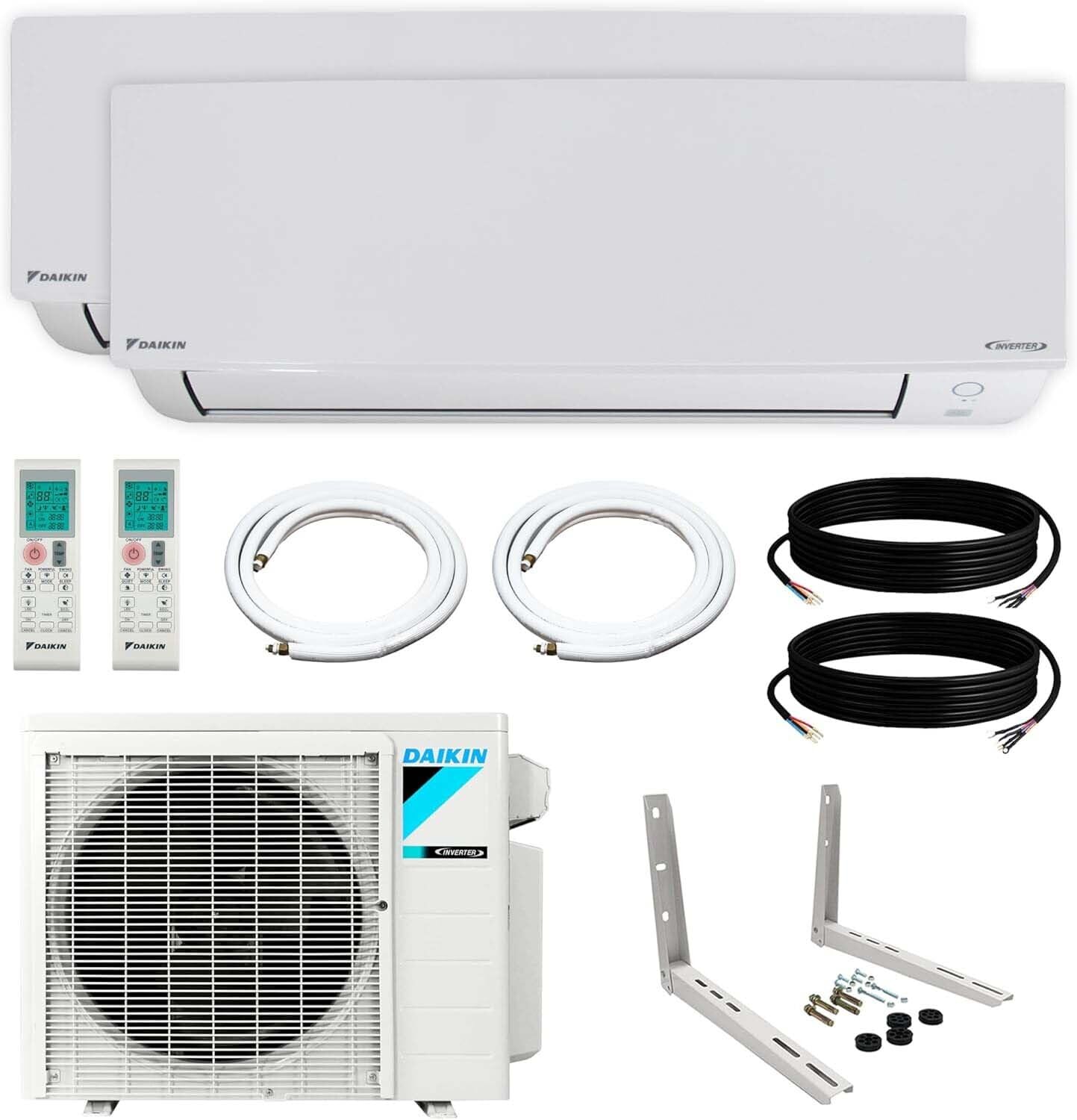 Daikin 2-Zone (9,000 BTU + 9,000 BTU) CIRRA Series Mini Split Air Conditioner Heat Pump System with Maxwell 15 ft. Installation Kit and Wall Bracket