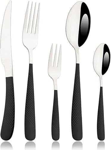 JASHII Juego de cubiertos martillados modernos de acero inoxidable con mango plateado y negro, juego de cubiertos de cubiertos de lujo para 4