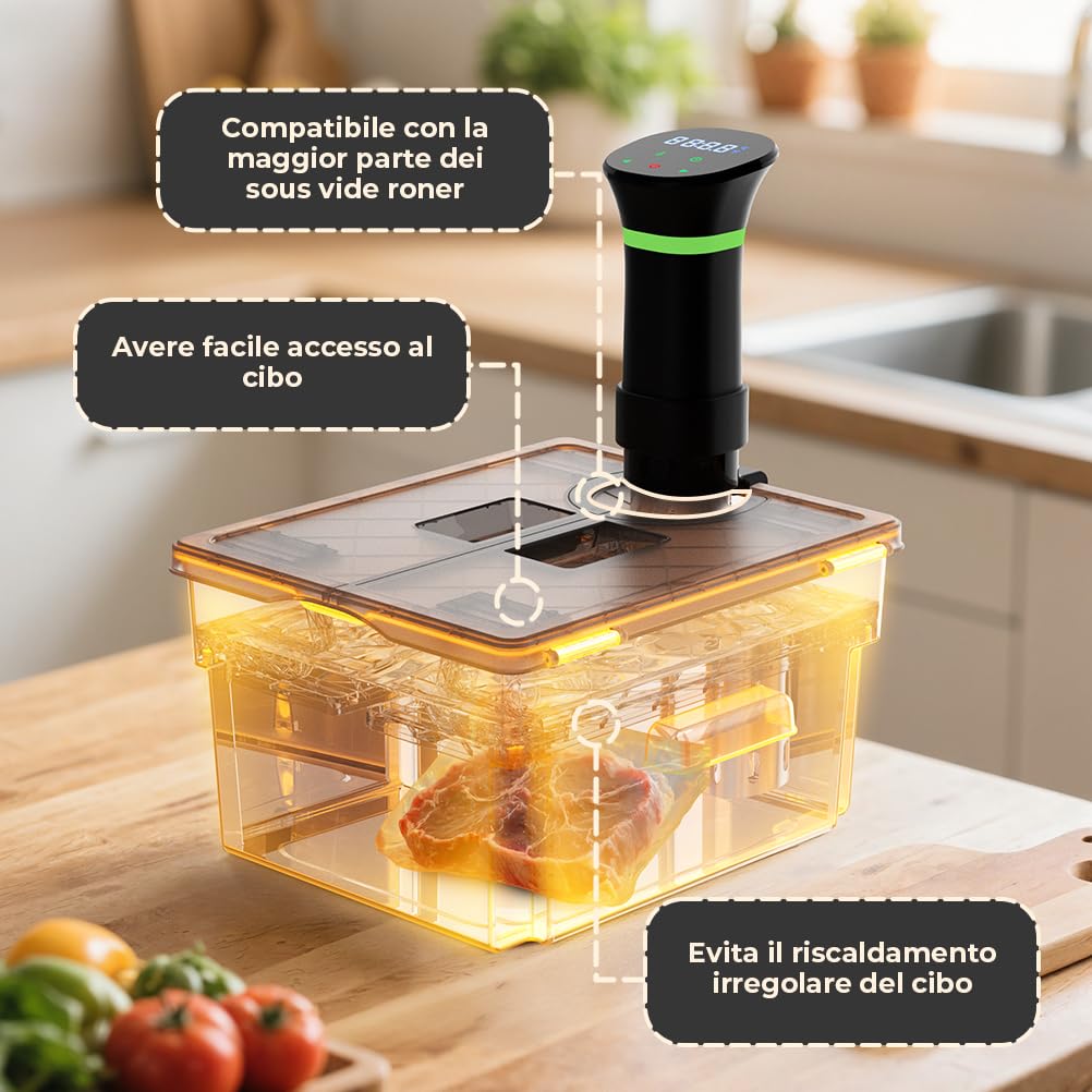 Contenitore Sous Vide 11L Grigio con Coperchio e Griglia Incorporata Doppia Apertura