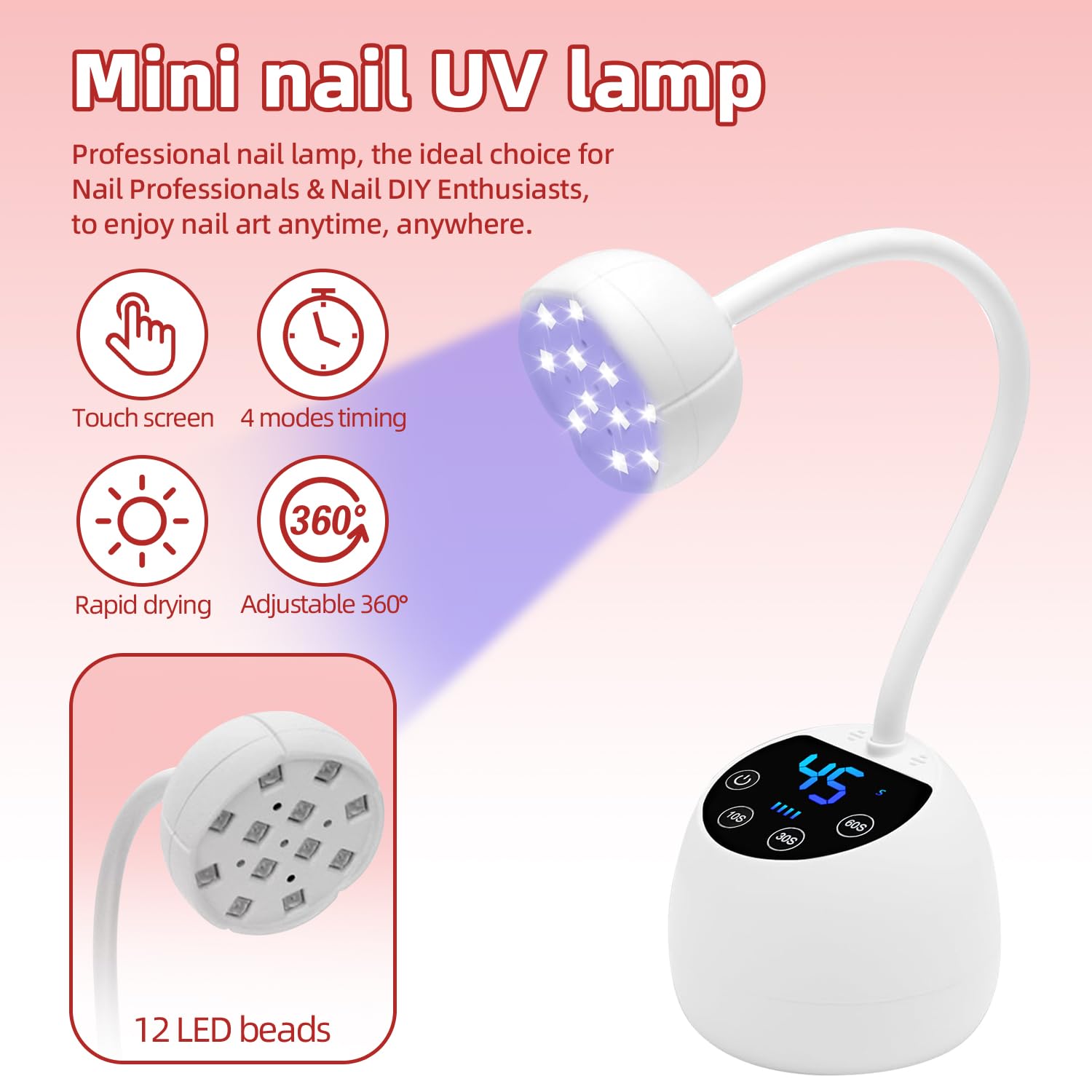 Mini Lampe UV Ongles, Écran LCD, Capteur Intelligent Automatique, Lampe UV LED 36w Pour Ongles en Gel, 12pcs Perles Led Avec Double Source de LumièRe, à Utiliser à la Maison et en Salon (Blanc)