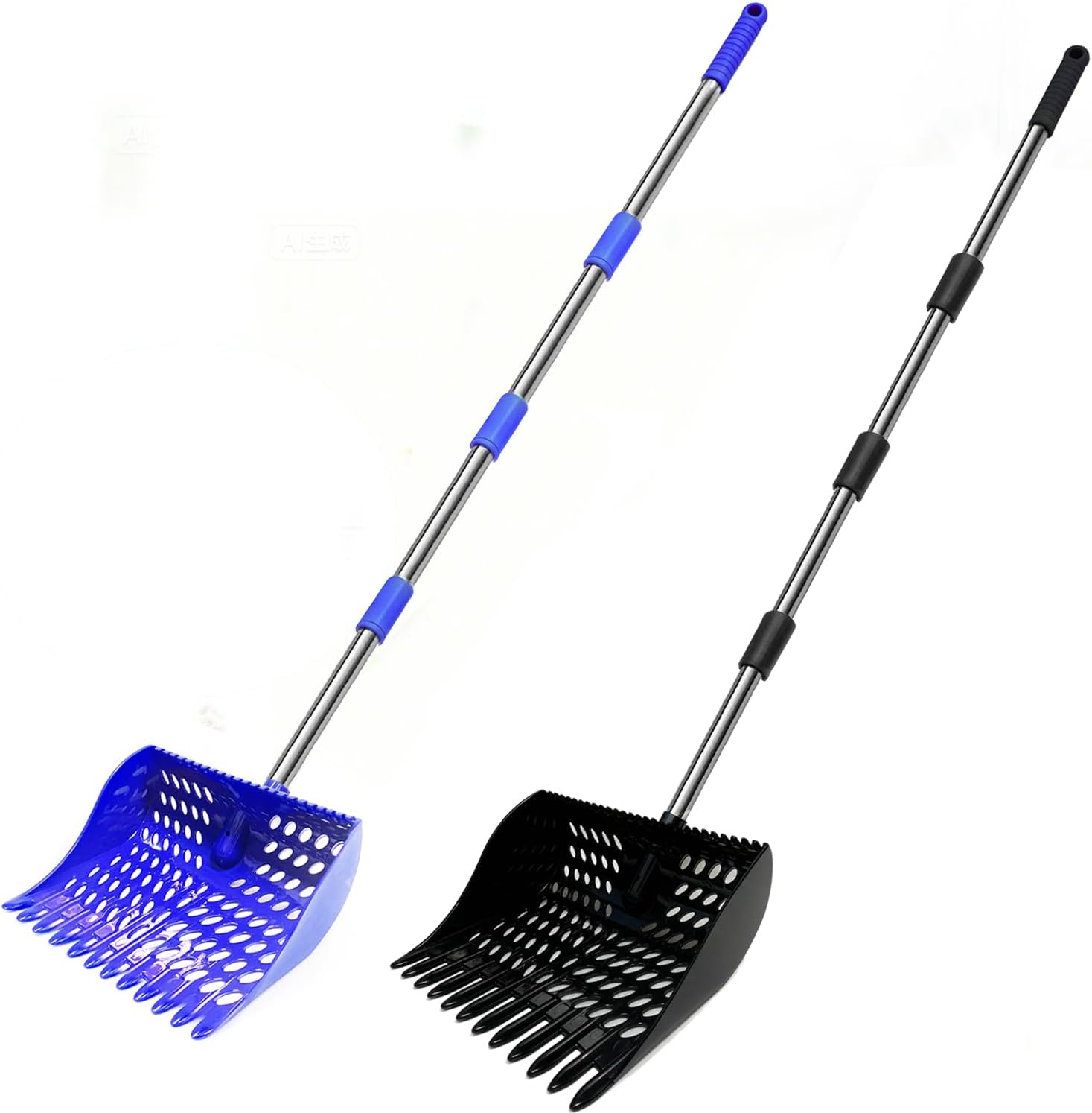 Chicken Coop Accessories, 4-in-1 Poop Scooper & Rake with 9" Sifting Plate, Adjustable 35.4"-63" Stainless Steel Handle for Cleaning Chicken Coops (2-Pack Set, Blue & Black)