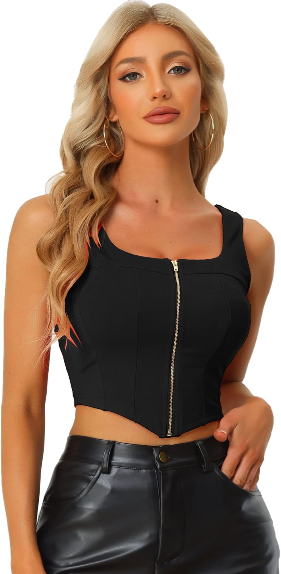 Women's Square Neck Asymmetrical Hem Zip Front Crop Tank Corset Tops