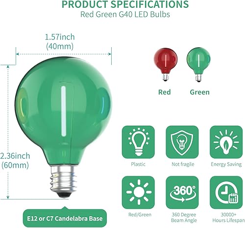 Miniatura 2 de Meconard Bombillas LED de colores G40, bombillas LED inastillables de repuesto de globo de 1 vatio, base de candelabro E12C7, bombilla roja verde,