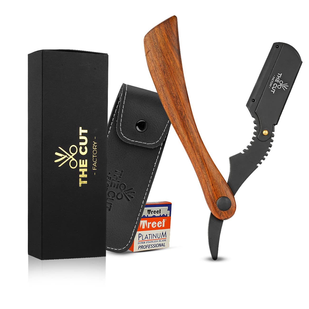 THE CUT - FACTORY - Straight Razor with 100 Pack Platinum Treat Single Straight Edge Razor for Close Shaving 100 Percent Wood, Blade Razors for Men: Professional Barber (Brown)