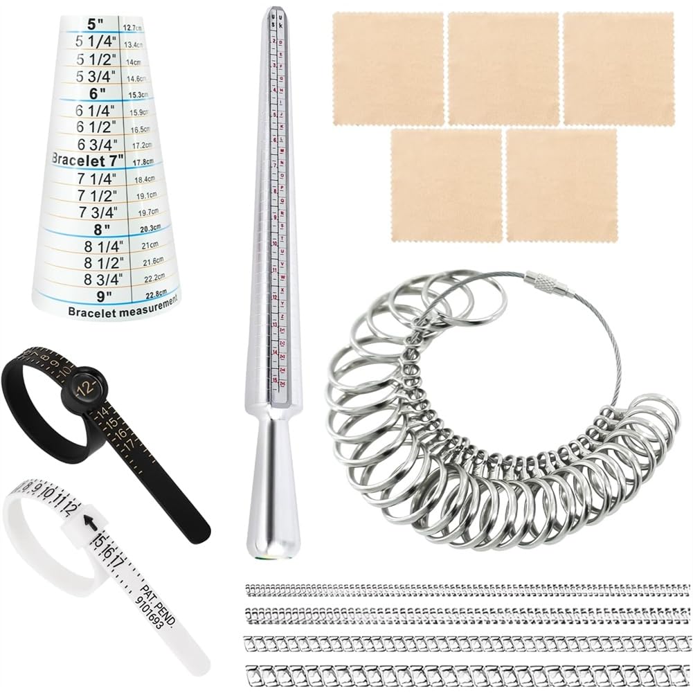 Ijsdnvjndx As Shown Ring Sizer Measuring Tool Kit(14 Pieces), Mandrel, Ring Sizes Belt, Wiping Cloth, Etc