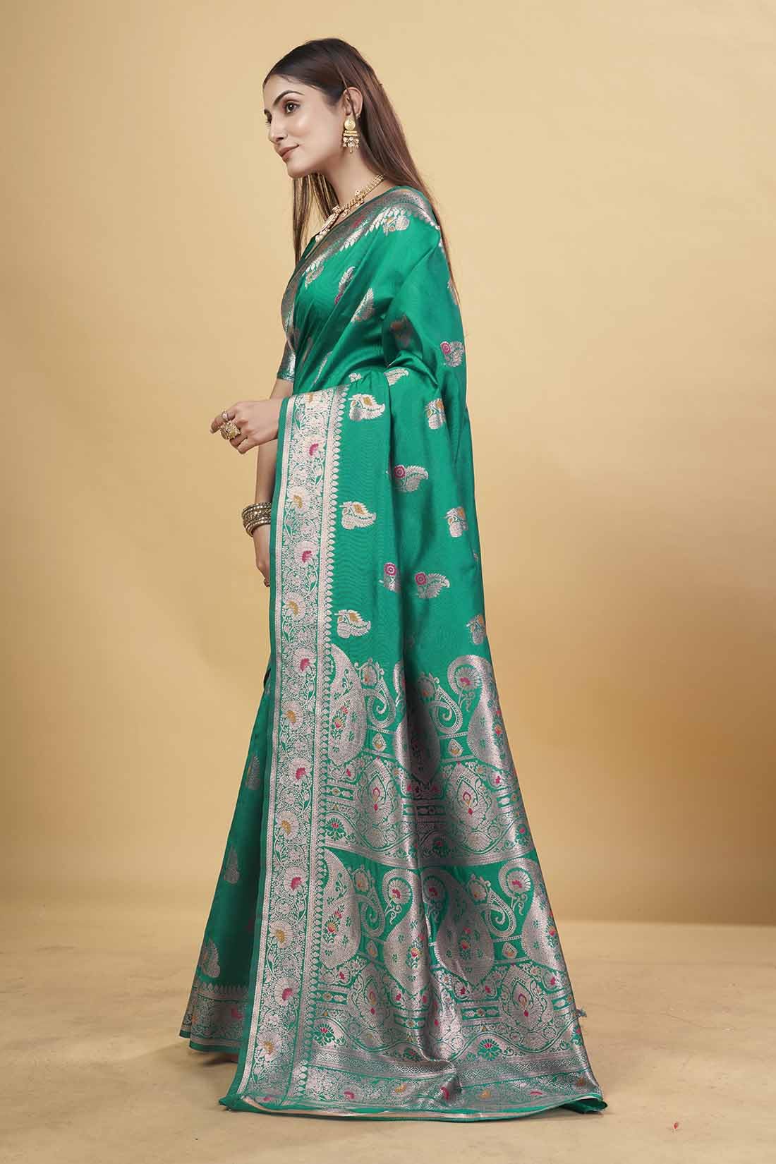 Sugathari Women's Green Kanjivaram Banarasi Silk Saree For Patola Festival Wedding Silk With Rich Pallu Design Sarees For Women With Blouse Piece (San Jm 4 Green)