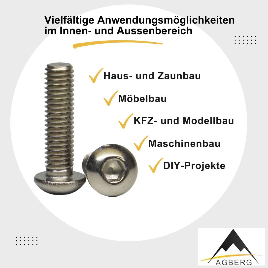AGBERG - Śruby z łbem soczewkowym M5 x 12 z gniazdem sześciokątnym - śruby z łbem płaskim [20 sztuk] ze stali szlachetnej A2 V2A, nierdzewne - ISO 7380-1