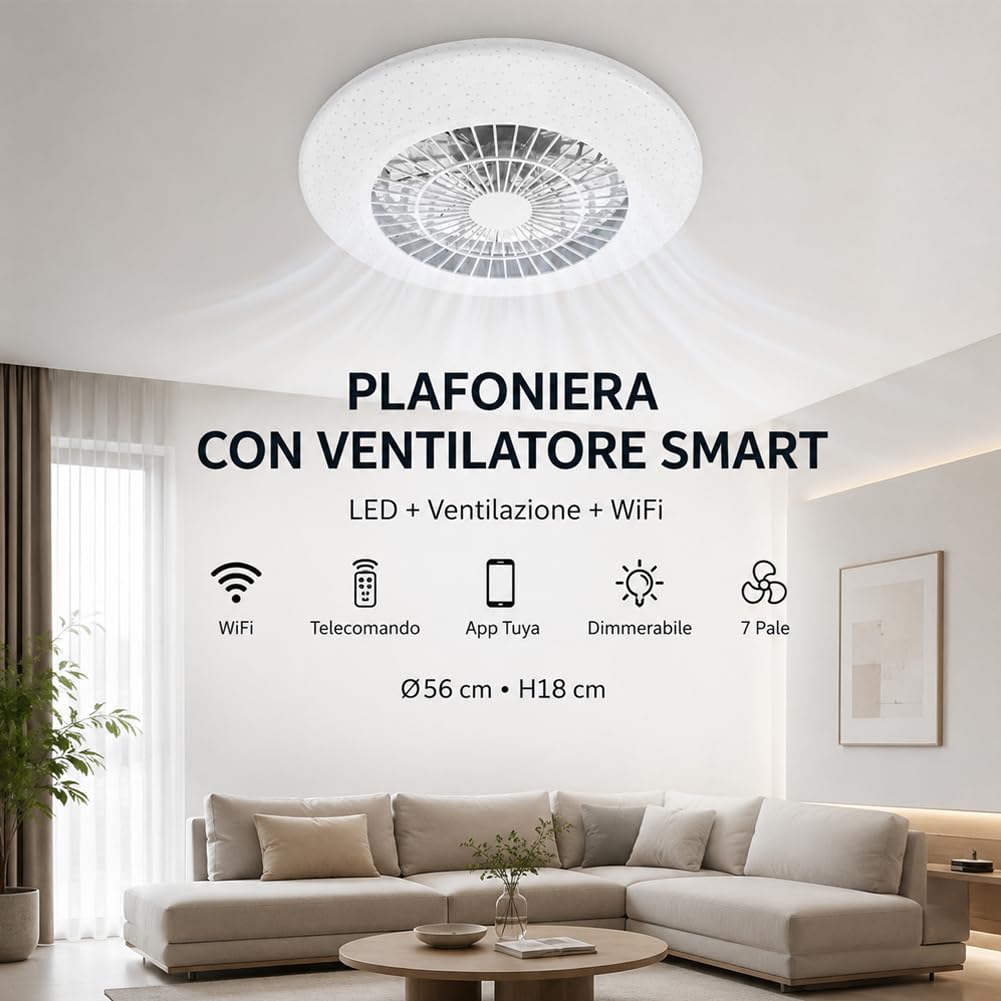 BAKAJI Ventilatore da Soffitto con Luce Led Dimmerabile, Air Fun con Illuminazione Diametro 56 cm, Potenza 67W, 7 Pale, Wifi e Compatibilità App Tuya, Ideale per Soggiorno, Camera da Letto, Ufficio