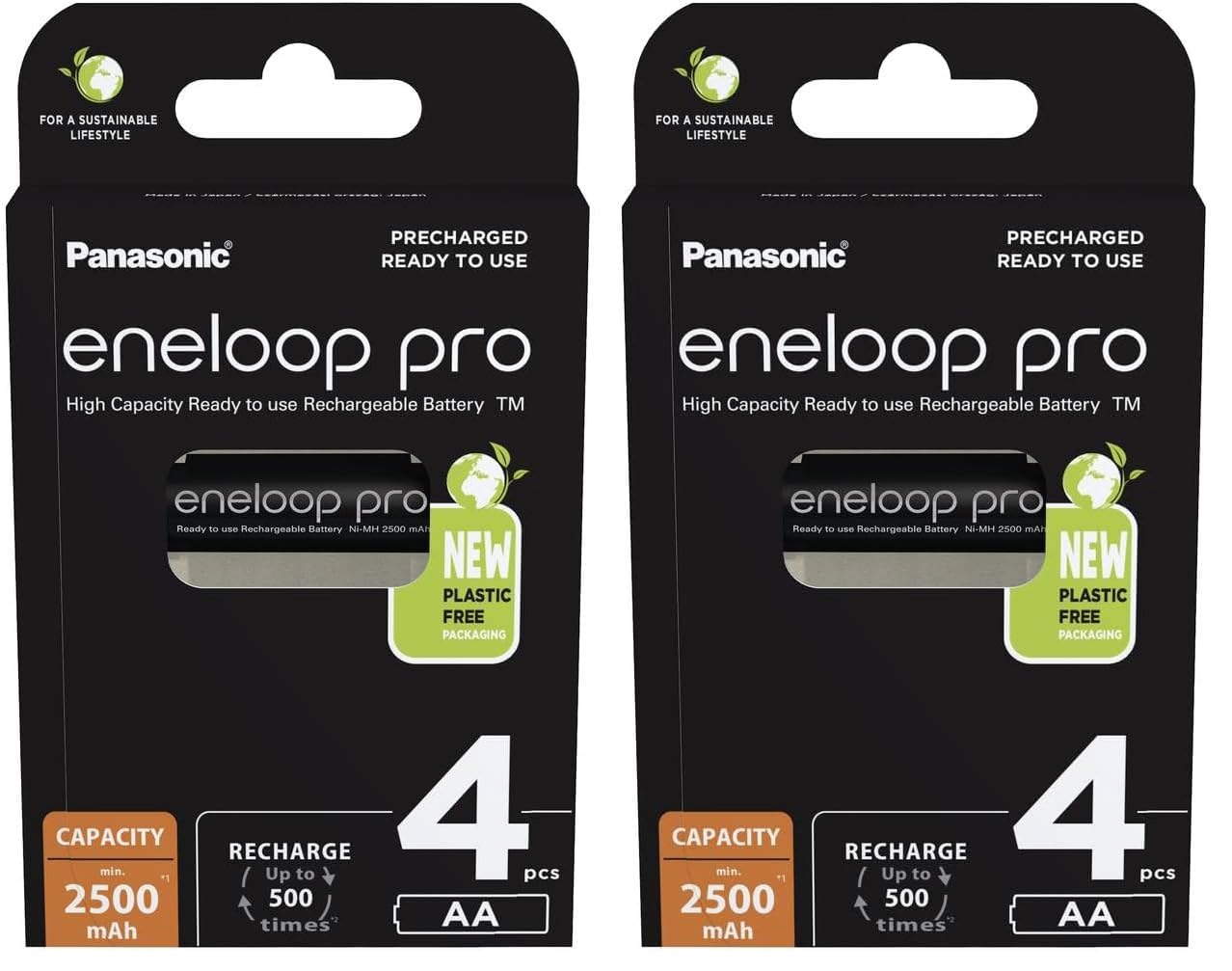 eneloop pro, AA/Mignon NI-MH Akku, 4er-Pack, Kapazität mit min. 2500 mAh, Ready-to-Use NI-MH Akkus, bis zu 500 Mal wiederaufladbar, plastikfreier Verpackung, pro, schwarz (Packung mit 2)