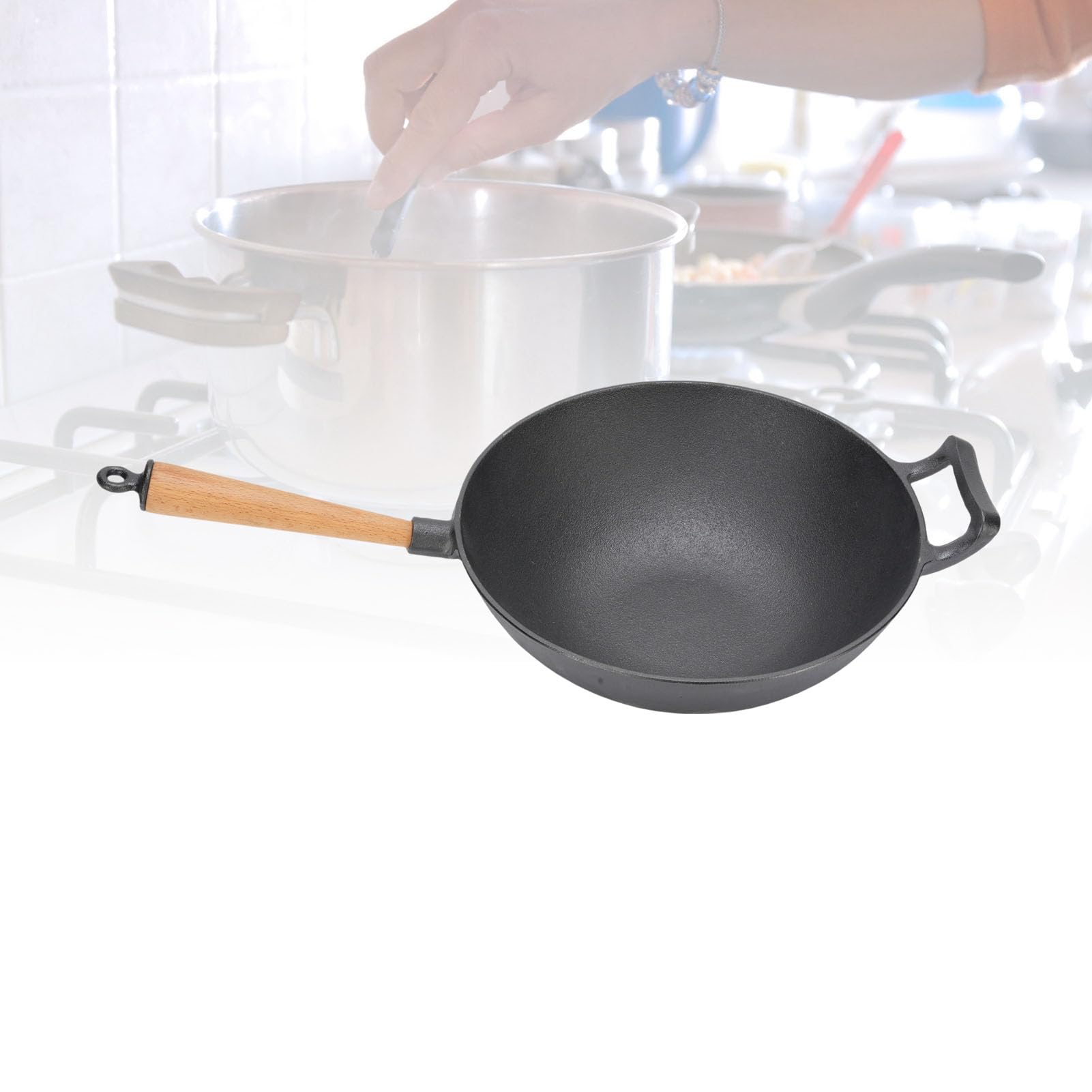 Annadue Głęboka Patelnia Wok z Drewnianym Uchwytem i solidną żeliwną konstrukcją, średnica 11,8 Cala, Idealna na Spotkania Rodzinne, Płyta Kuchenna Gazowa