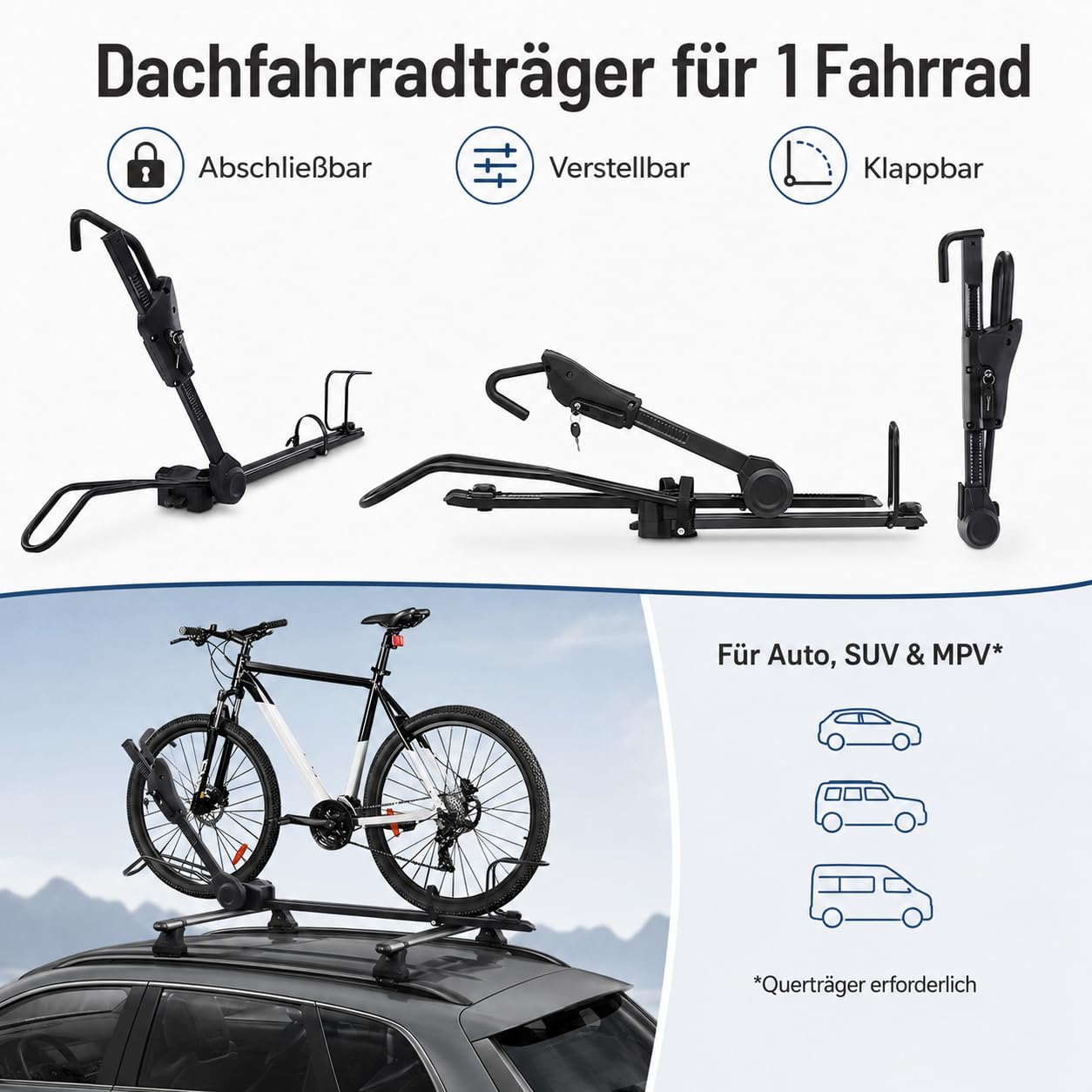 Fahrrad Dachträger E-Bike mit Diebstahlschutz für Auto SUV bis 38 Zoll | Mit Doppelverriegelung und Vierpunkt-Befestigung Einstellbare Höhe 75-98cm für sicheres Transportieren
