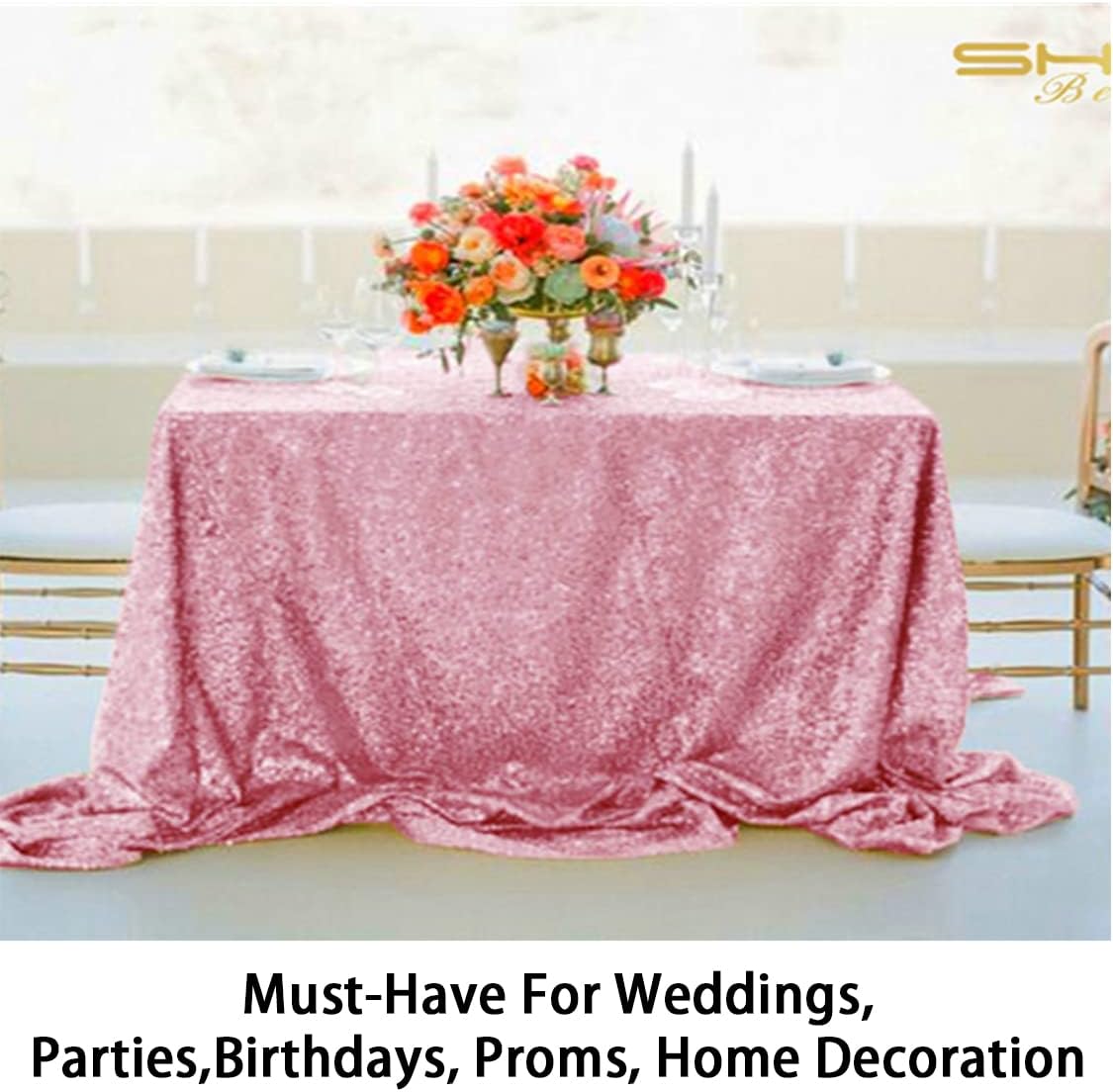 ShinyBeauty Sequin Tablecloth 60x102-Inch Pink Gold Sequin Table Cover Wedding Table Clothes Christmas Tablecloths Cake Overlay for Party Birthday Baby Shower Decoration (60x102, Pink Gold)