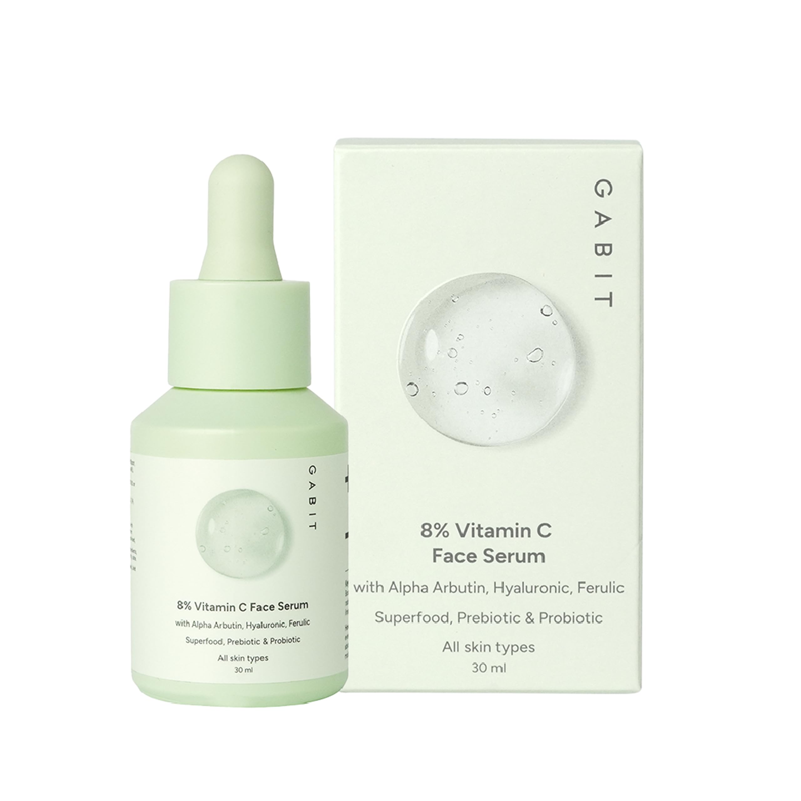 8% Vitamin C Face Serum for Glowing Skin | Brightening Serum for Dark Spots, Tanned & Dull Skin; Hydrates | Alpha Arbutin, Hyaluronic, Ferulic, CiCa, Prebiotic, Probiotic | Oil & PEG free |30 ml