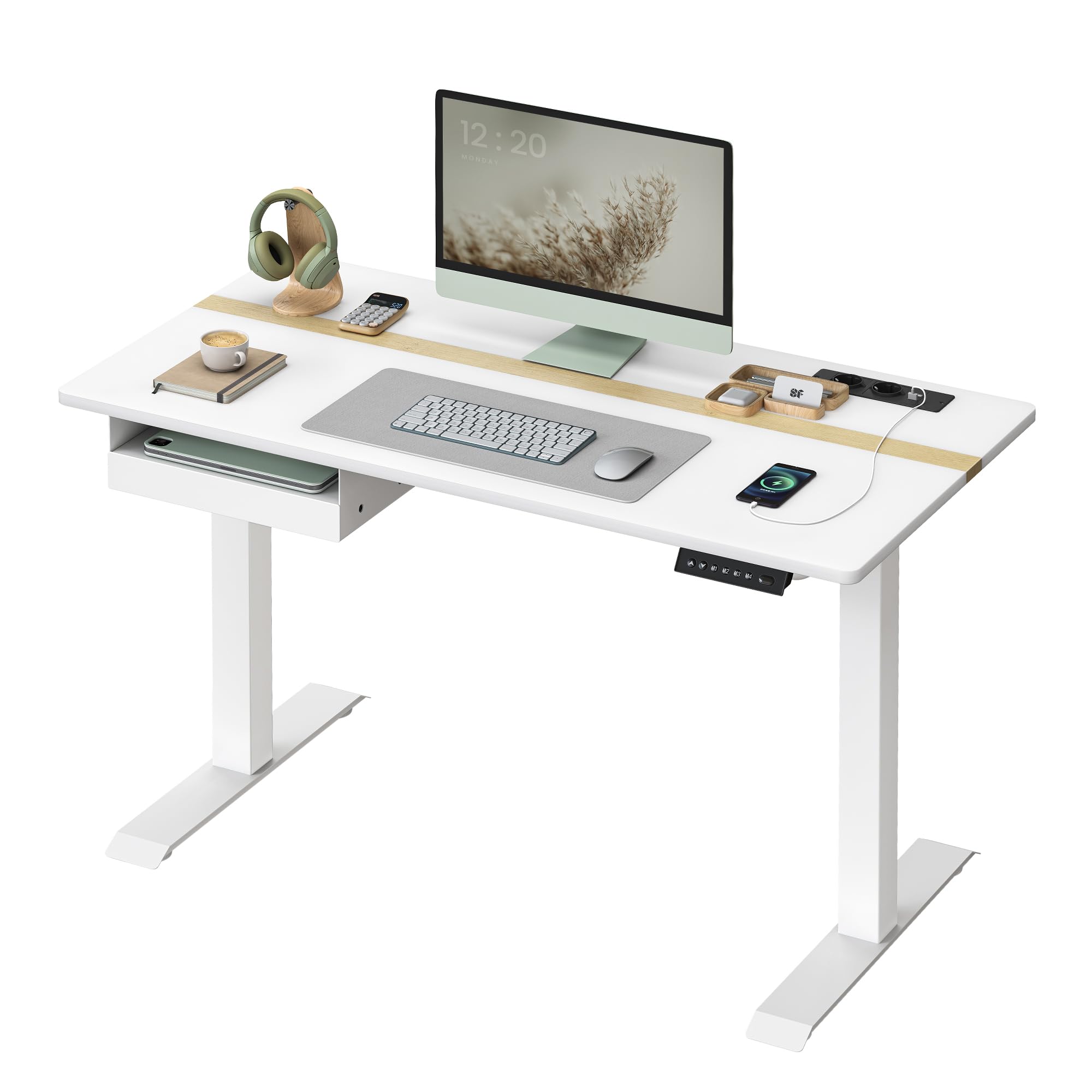 VASAGLE Escritorio Regulable en Altura, Mesa Regulable, Enchufe y Cajón, 60 x 120 cm de Encimera, Ajuste Continuo, 4 Funciones de Memoria de Altura, Blanco LSD112W01