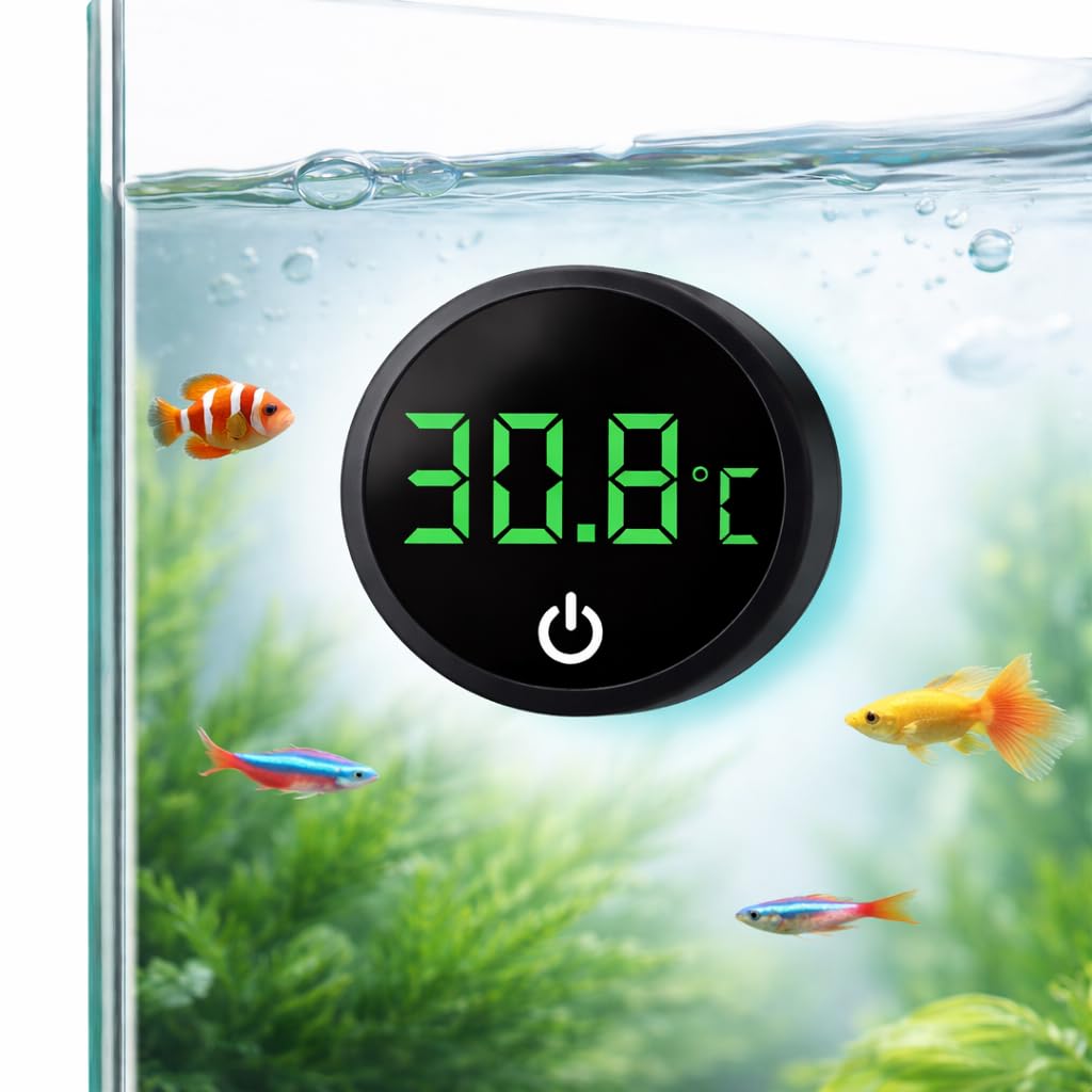 Digital Aquarium Thermometer Stick On External Fish Tank Temperature Gauge with LED Display, Touch Activated, Ultra Thin Design for Fish, Turtle and Reptile Tanks, Easy Read, Black - Battery Included