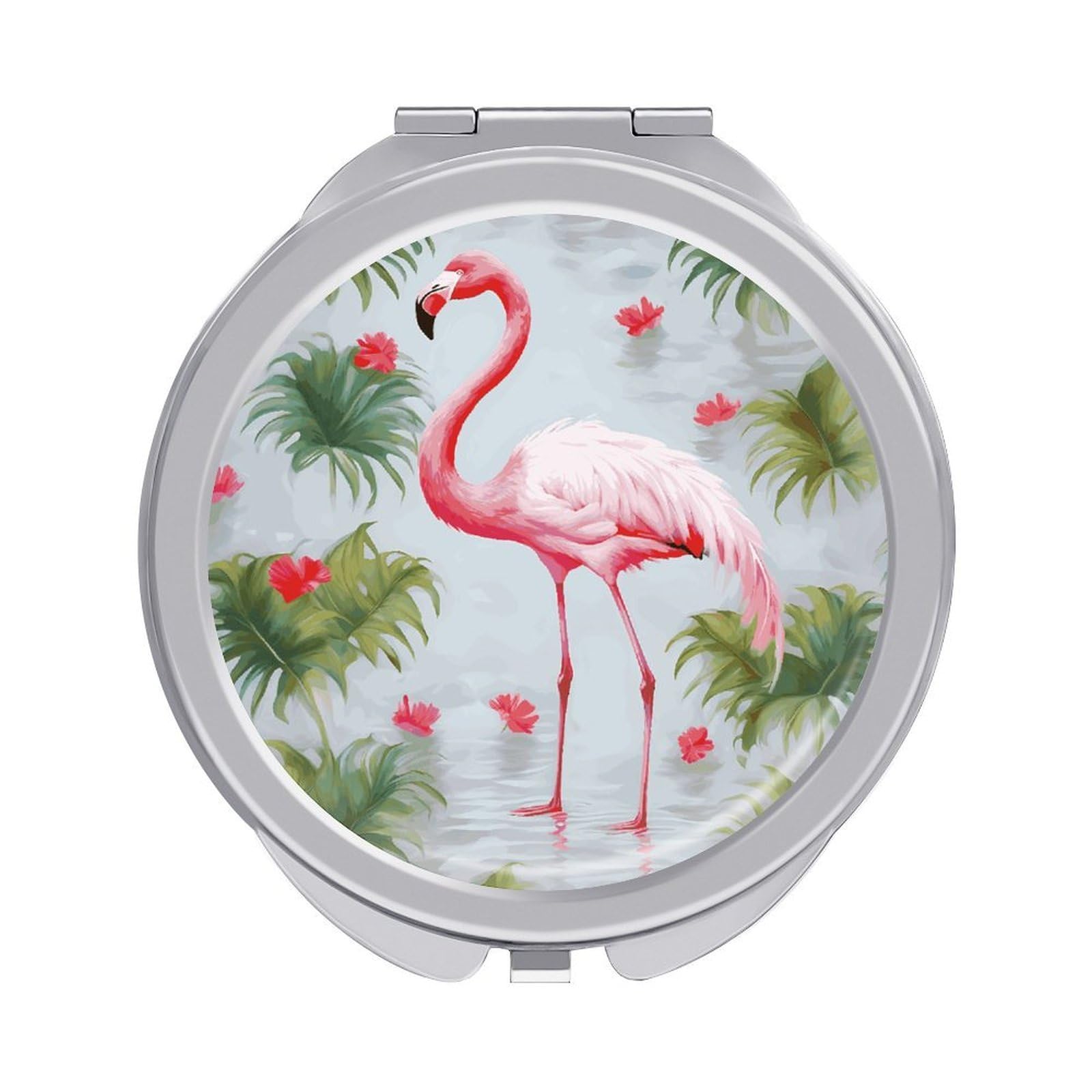 VstaDank White Flamingo Compact Mirror for Purses Round Fashion Travel Makeup Mirror 2X /1x Magnifying Double Sides Mini Mirrors Portable Pocket Mirrors for Handbag Purse Women Gift