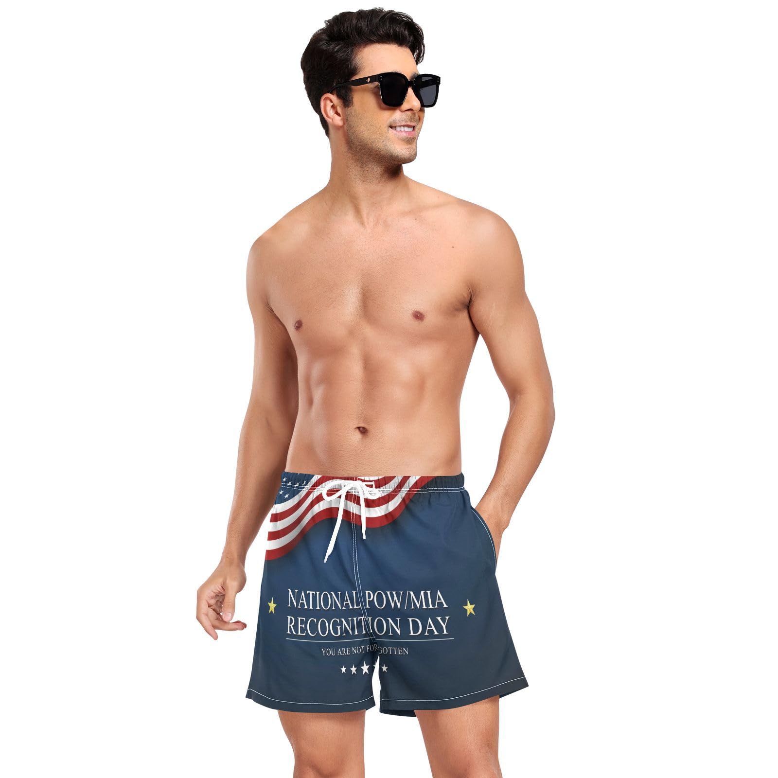 National Pow Mia Recognition Day BlueSwimming Shorts for Men Men's Double Layer Running Shorts with Compression Liner and Pockets Swimwear Lightweight Multi