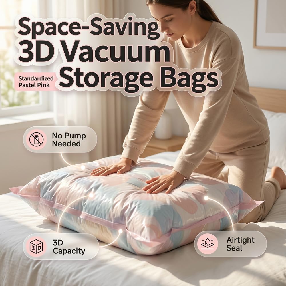 No‑Pump Vacuum Storage Bags, 2026 Neu Vakuumbeutel für Kleidung 3D-Vakuum-Aufbewahrungsbeutel Ohne Pumpe, Vakuumbeutel für Bettwäsche Bettdecken Kleidung Reise (8, L（100 x 80 x 30 cm）)