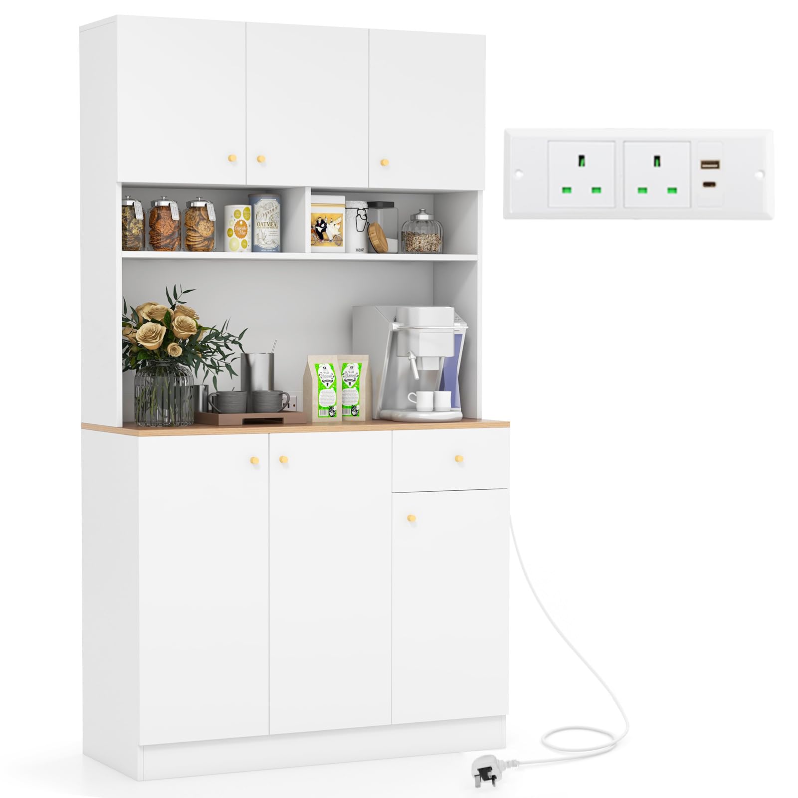 TANGZON Tall Kitchen Cupboard, 180CM Wooden Storage Cabinet with AC Outlets, USB Ports, Adjustable Shelves, Countertop, Drawer & Anti-tipping Kit, Freestanding Dining Living Room Sideboard (White)