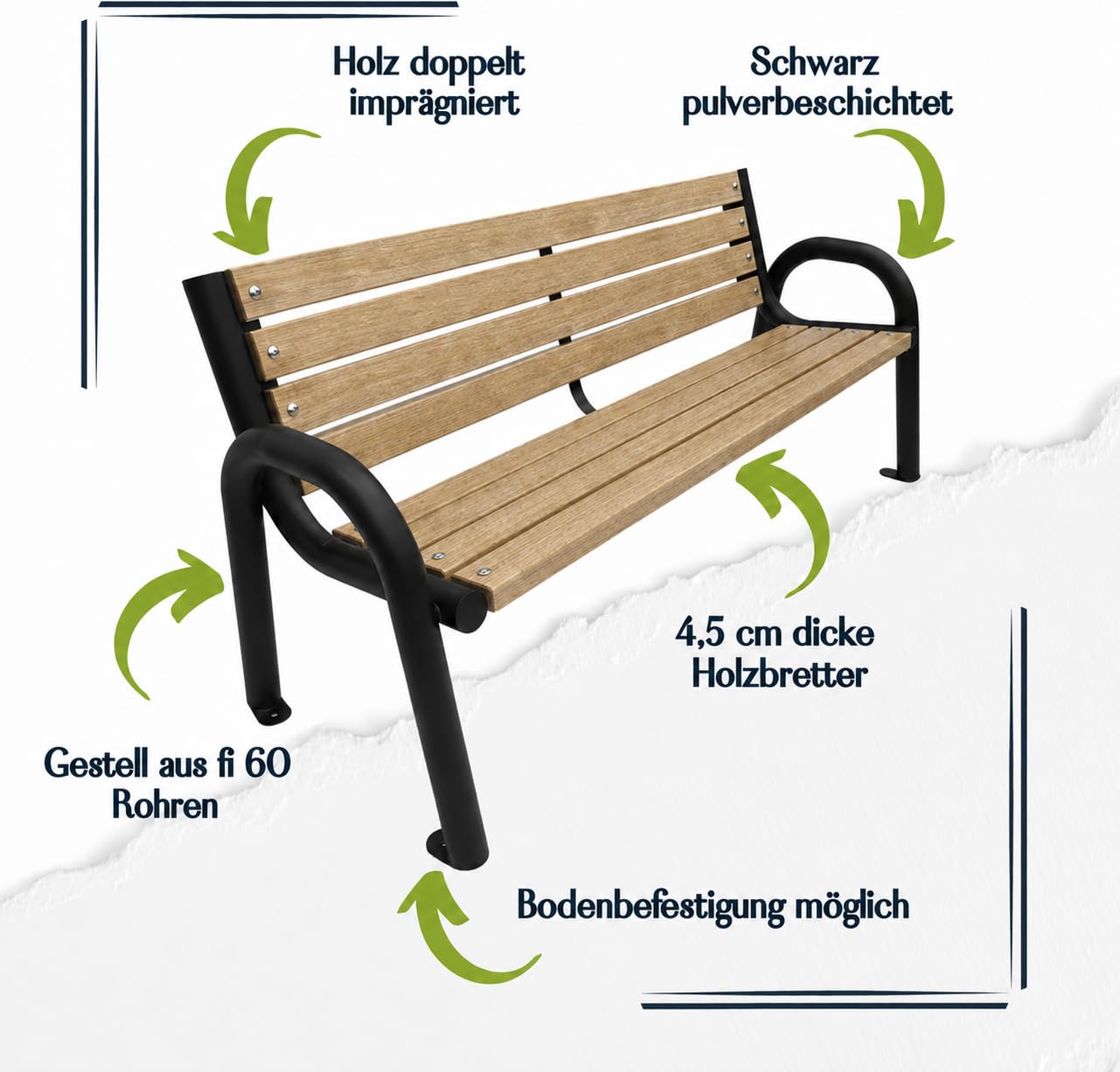 Gartenbank Holz mit Rückenlehne, 200 cm, bis 500 kg - Massives Fichtenholz & pulverbeschichteter Stahl, wetterfest, Sitzbank für Garten, Terrasse & Park, Helle Eiche - Primario
