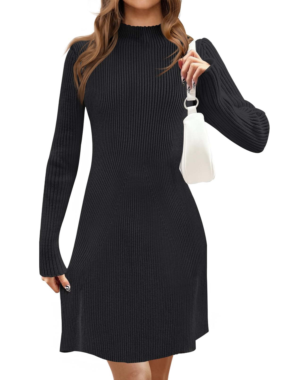 MEROKEETYWomen's 2025 Fall Long Sleeve Sweater Dress Turtleneck Ribbed Knit Bodycon Short Mini Dresses