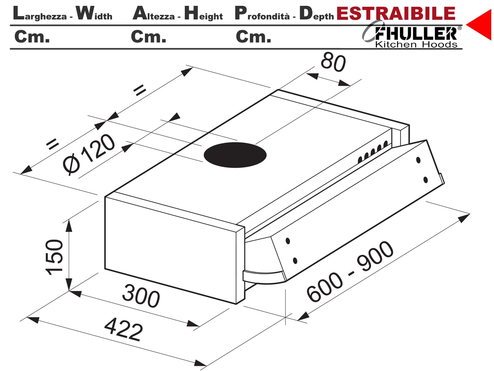 Cappa ESTRAIBILE PLUS Gruppo Incasso 60 Sottopensile Tecnowind K104R0077 Motore 320 m³/h Classe C SENZA FRONTALINO Illuminazione a LED 2,5 E14 Comando Meccanico Filtro Metallico
