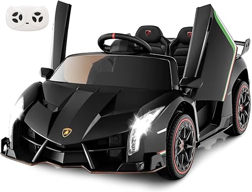 INFANS Vehículo eléctrico Lamborghini Veneno de 2 plazas para niños, 12 V 4 WD, con puertas hidráulicas, modo mecedor, velocidades ajustables,