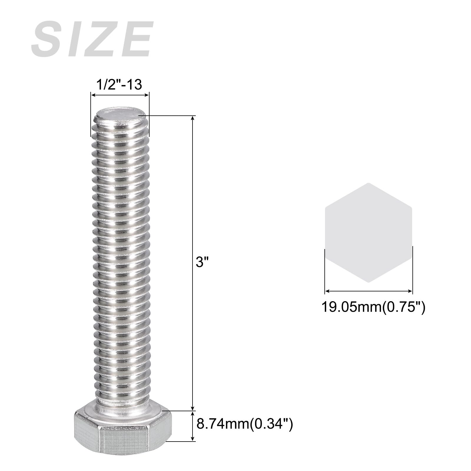 METALLIXITY Hex Head Bolts (1/2-13 x 3") 5Pcs, 304 Stainless Steel 18-8, Fully Threaded, External Hex Drive, Plain Finish, Hex Head Screw Bolt, Silver - Image 2