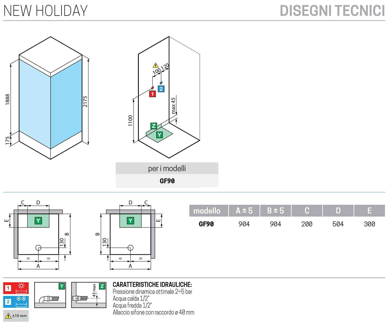 Novellini New Holiday GF90 Standard con techo de 90 x 90 cm, cabina de ducha equipada con 1 puerta batiente + fijo ángulo derecho izquierdo mezclador mecánico cristal Aqua perfil plata altura 217,5 cm