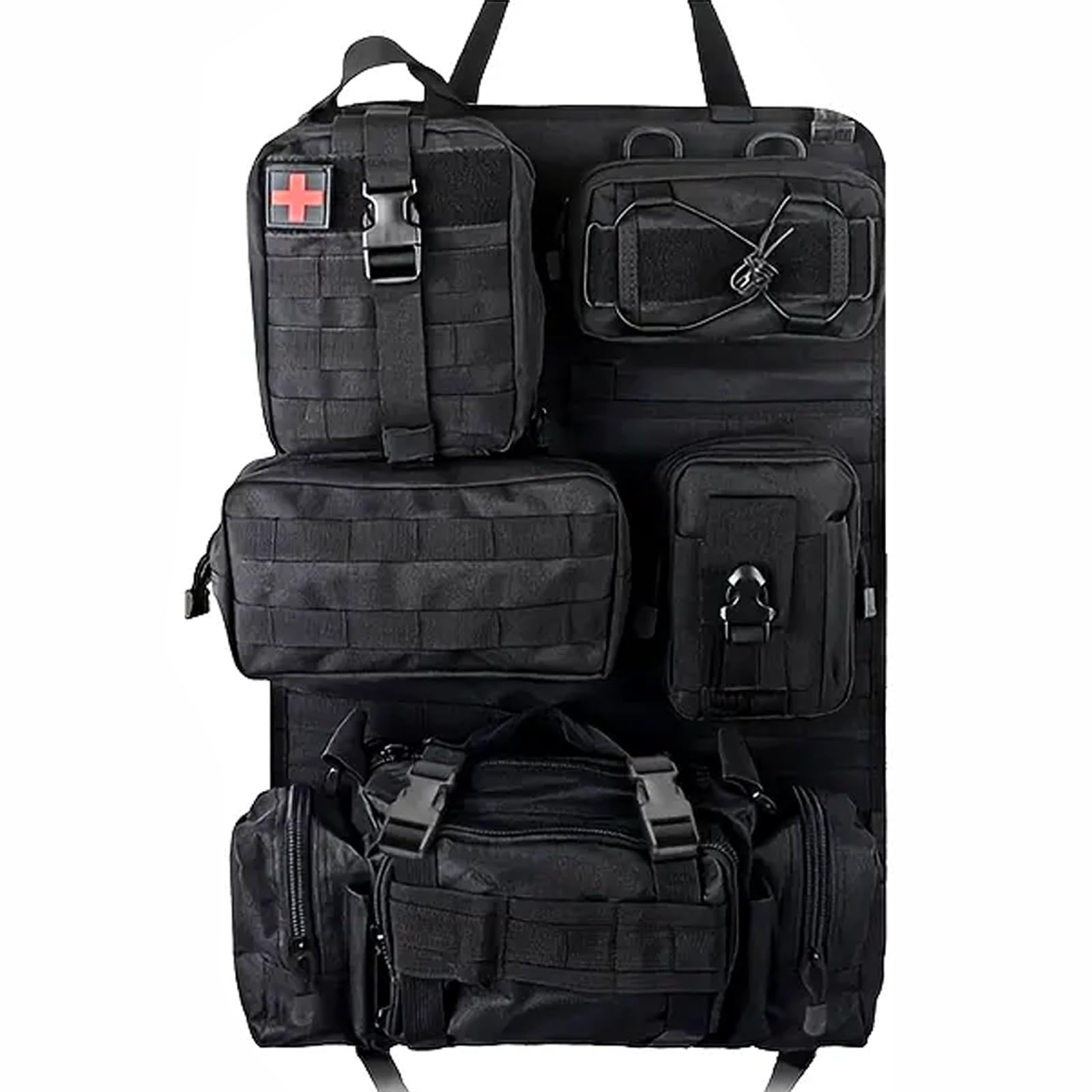SOONHUA Organizador de asiento de coche táctico con 5 bolsillos Molle desmontables, protector de respaldo para camping, organizador de coche, asiento trasero impermeable