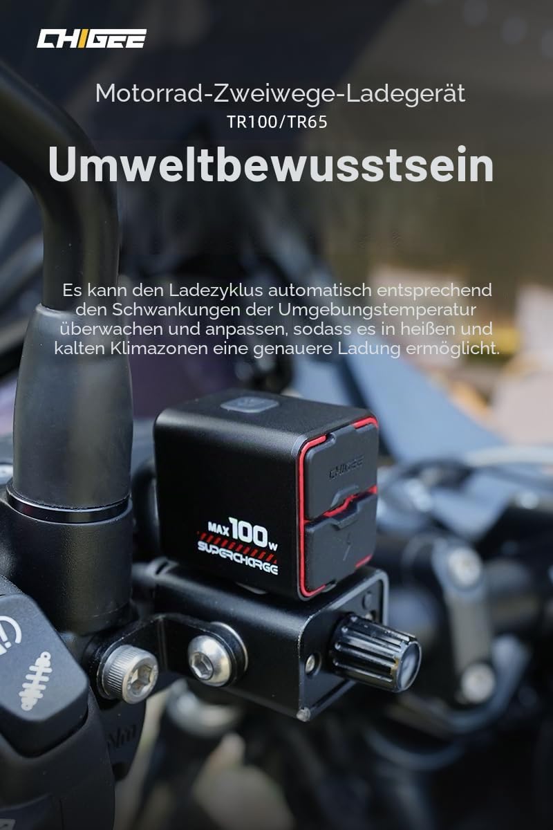 CHIGEE Neueste Generation Motorradbatterieladegerät, 100 W, ultrakompakt und leicht, Notladung, niedrige Standby-Leistung, IP66 wasserdicht, kompatibel mit Blei-Batterien