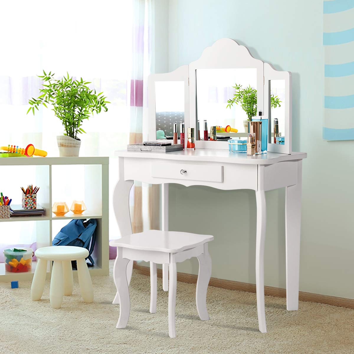 COSTWAY Tocador con Taburete y Espejo para Niña de MDF y Madera Mesa de Maquillaje con Cajón 70x34x103 centímetros (Blanco)