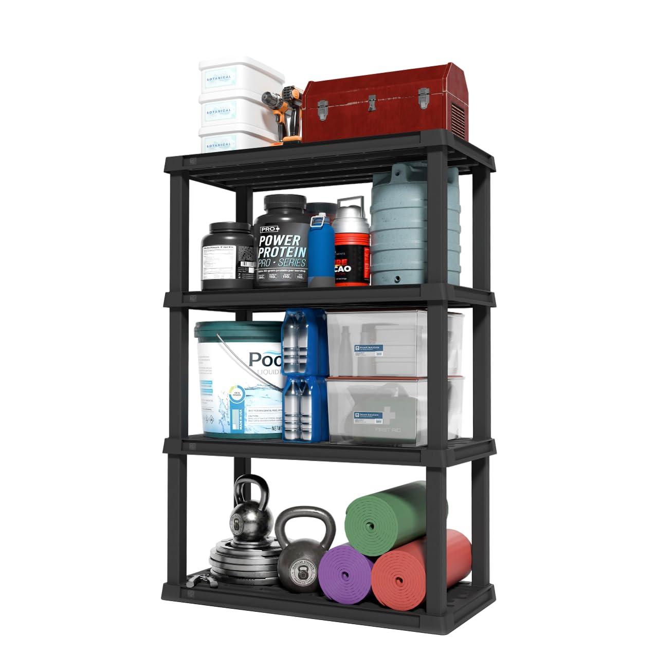 IRIS USA 4-Shelf Heavy Duty Plastic Storage Shelves, 600lb Capacity, 56" H x 36" W x 18" D, Large Modular Shelving Unit Storage Organizer for Garage, Home, Warehouse & Gym, Storage Rack - Black