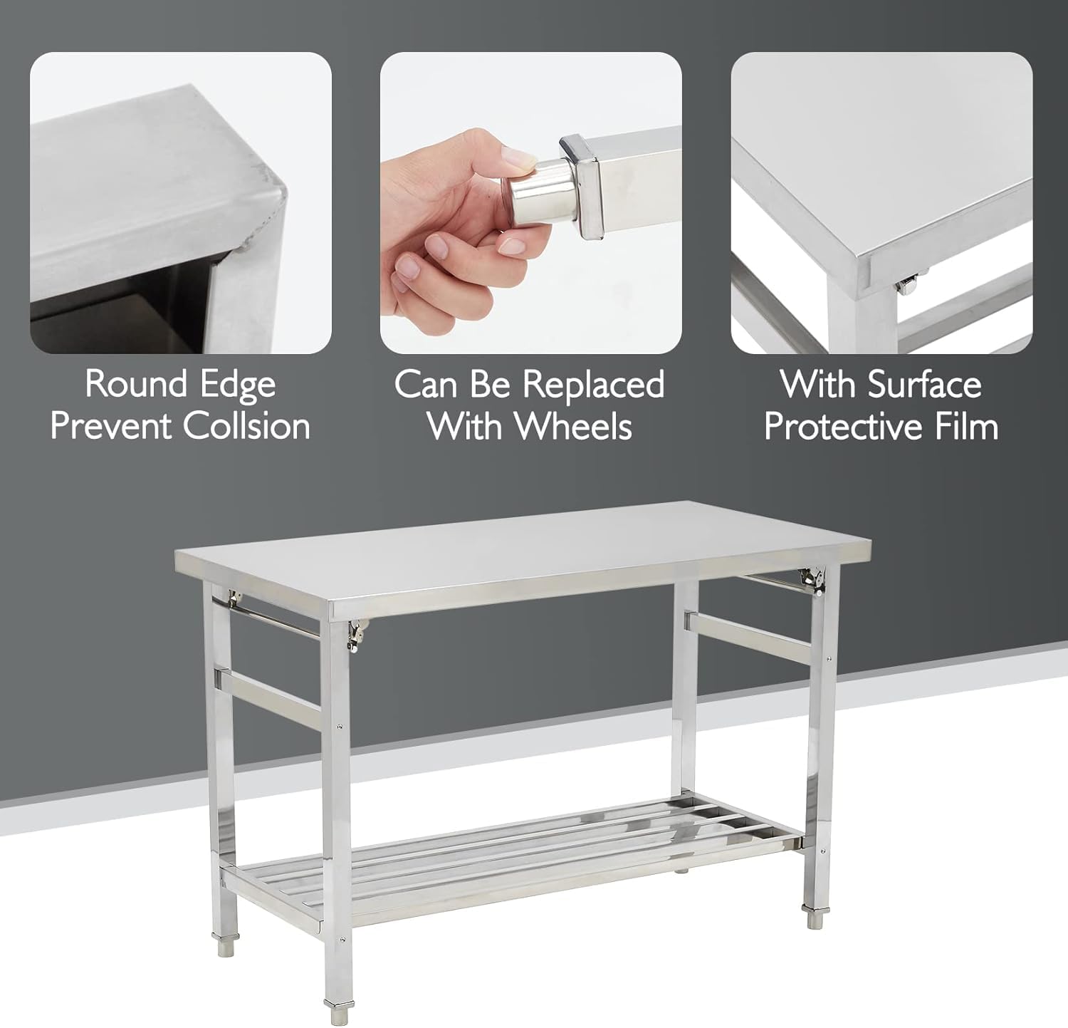 Garvee Mesa De Comedor Plegable De Acero Inoxidable: Mesa De Preparación Comercial De Dos Niveles, Resistente, con Estante Inferior Ajustable, Ruedas Bloqueables, Capacidad De 400 kg
