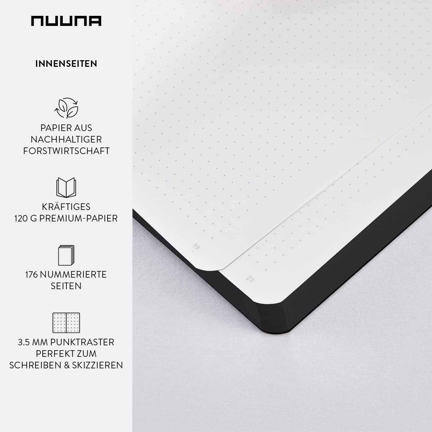 Nuuna Notebook A5 Graphic M - Jim 3.5 mm Dot Grid 176 Numbered Pages 120 g Premium Paper Black Leather Sustainably Produced in Germany - Image 4