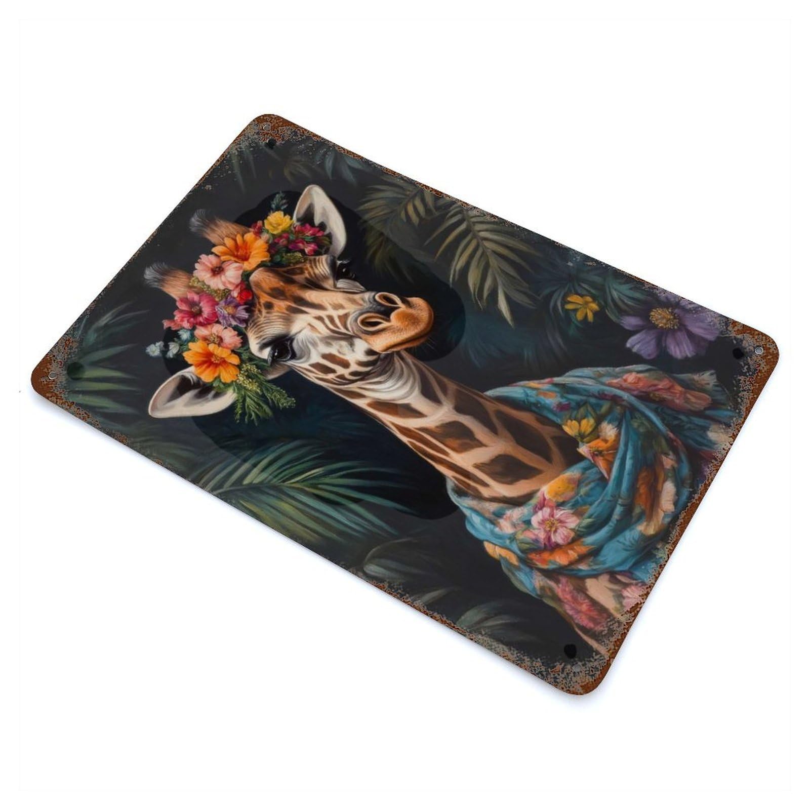 Giraffe in Floral Attire Vintage Rust Metal Sign 11.8"x7.9", Farmhouse Wall Decor for Garage, Pub Or Kitchen