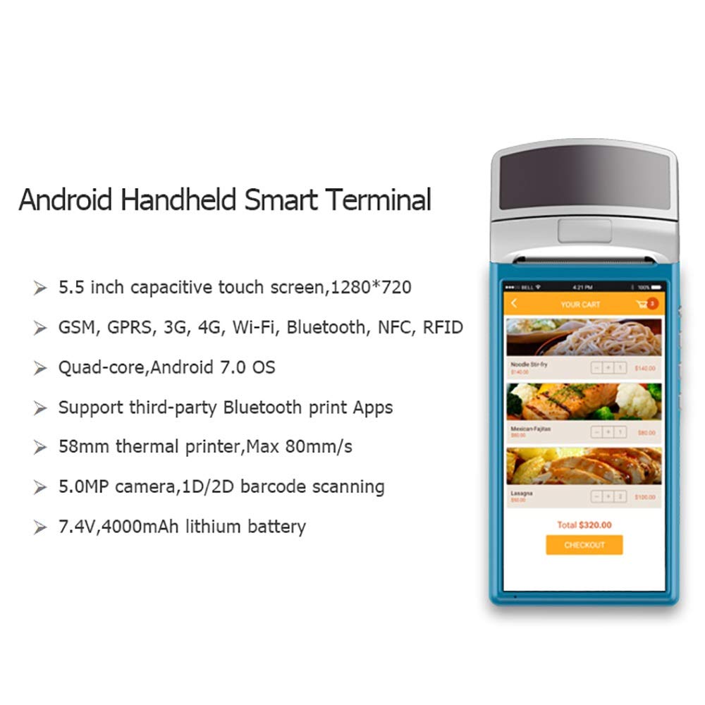 Drukarka termiczna 58 mm Drukarka paragonów POS z systemem operacyjnym Android 7.1, ekranem dotykowym 5,5 cala, obsługą 4G, Bluetooth, Wi-Fi, NFC, baterią 4000 mAh, do sprzedaży detalicznej