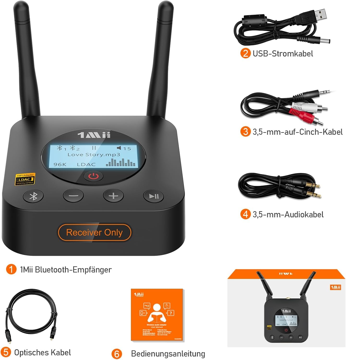 1Mii B06Pro+ Bluetooth 5.3 Empfänger für Stereoanlage, Kabelloser HiFi Audio Adapter mit LDAC & aptX HD, LCD Display & Lautstärkeregler, Optisch & 3,5 mm AUX für Lautsprecher