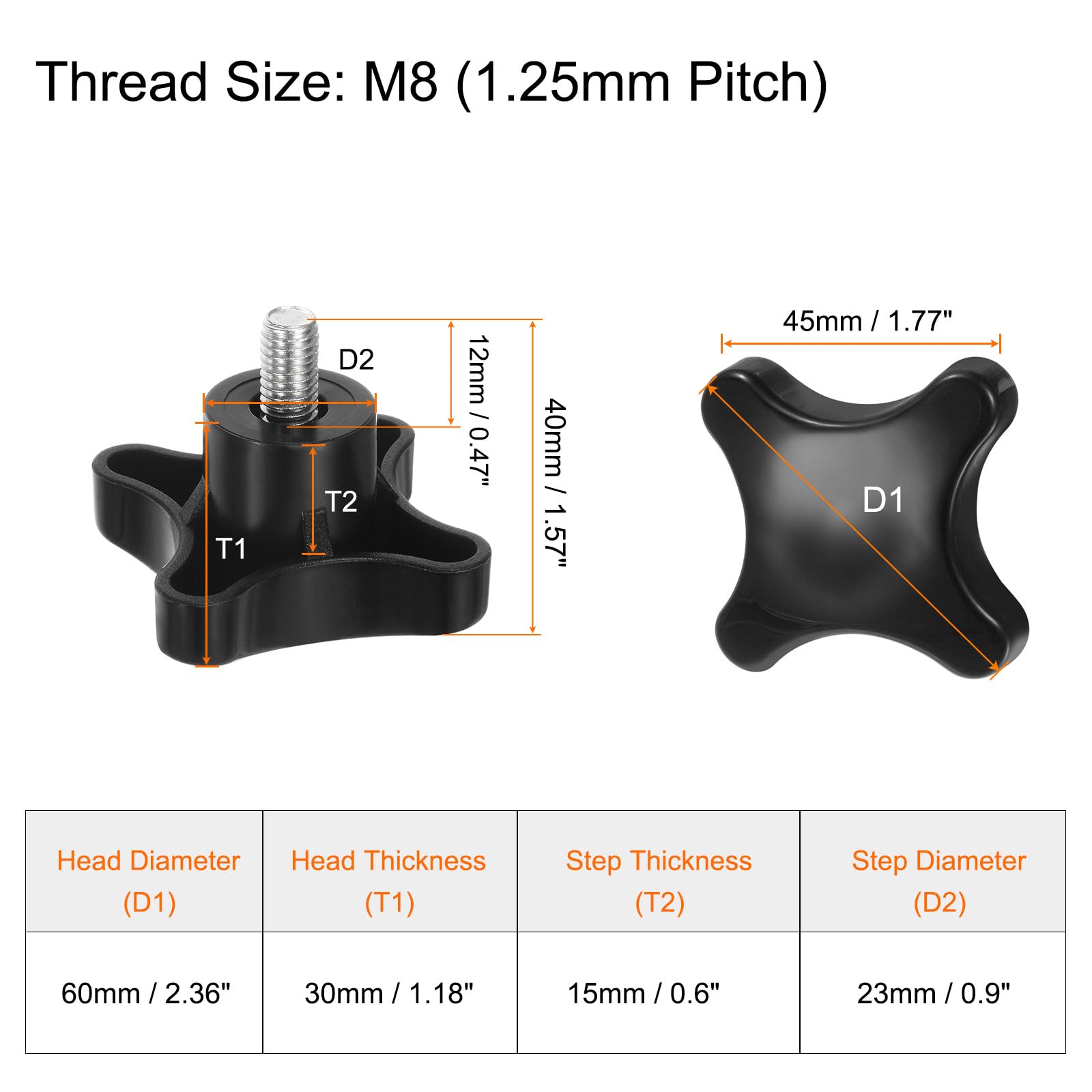HARFINGTON 8pcs Star Clamping Knobs M8 x 45mm Metric Male Thread 60mm 4-Point Plastic Head Threaded Stud Knob Hand Tightening Thumb Screw Jig Handle, Black