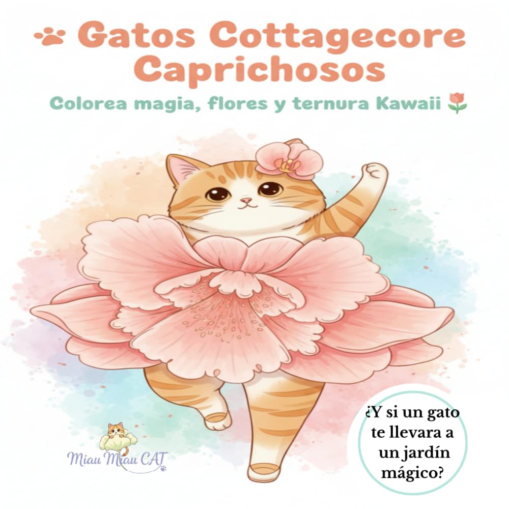 Libro para Colorear Gatos Cottagecore Caprichosos: Diseños Acogedores Kawaii de Gatos y Flores: 50 Ilustraciones Relajantes Anti-Estrés para Adultos y ... Escenas de Jardín Mágico y Fantasía Floral.
