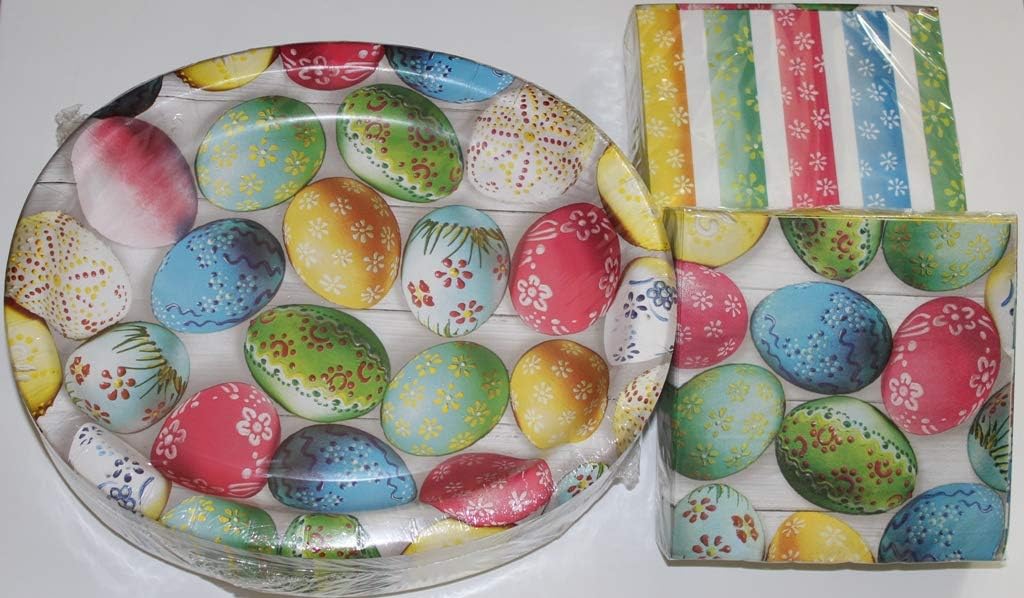 Easter Paper Plates Bright Egg Design Dinner and Napkin
