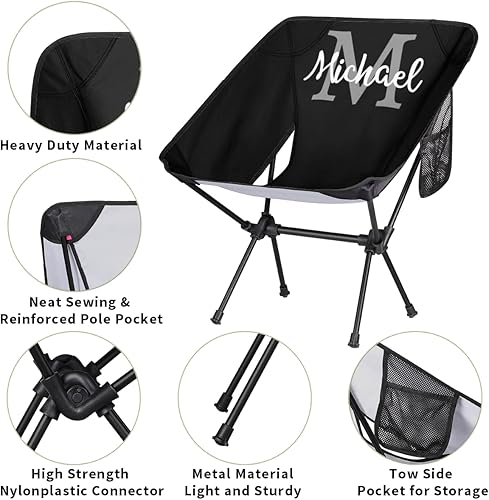 Miniatura 5 de Silla de camping portátil negra personalizada silla de mochilero personalizada con nombre, sillas plegables ligeras para senderismo playa