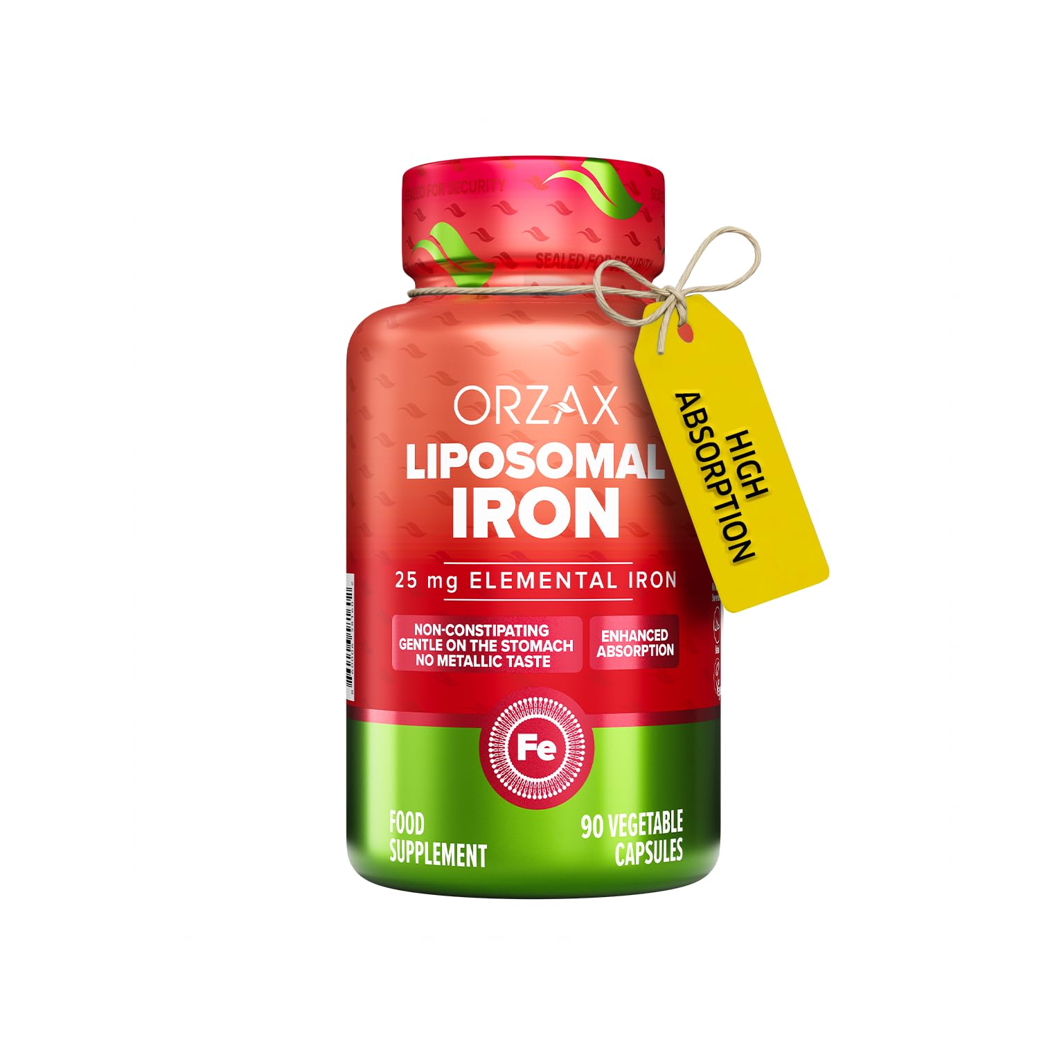 ORZAX Iron Supplement 25 mg -Liposomal Technology- High Bioavailability 90 Vegetable Capsules, Non-Constipating, Non-GMO & Gluten Free, for Women, Men, Adults