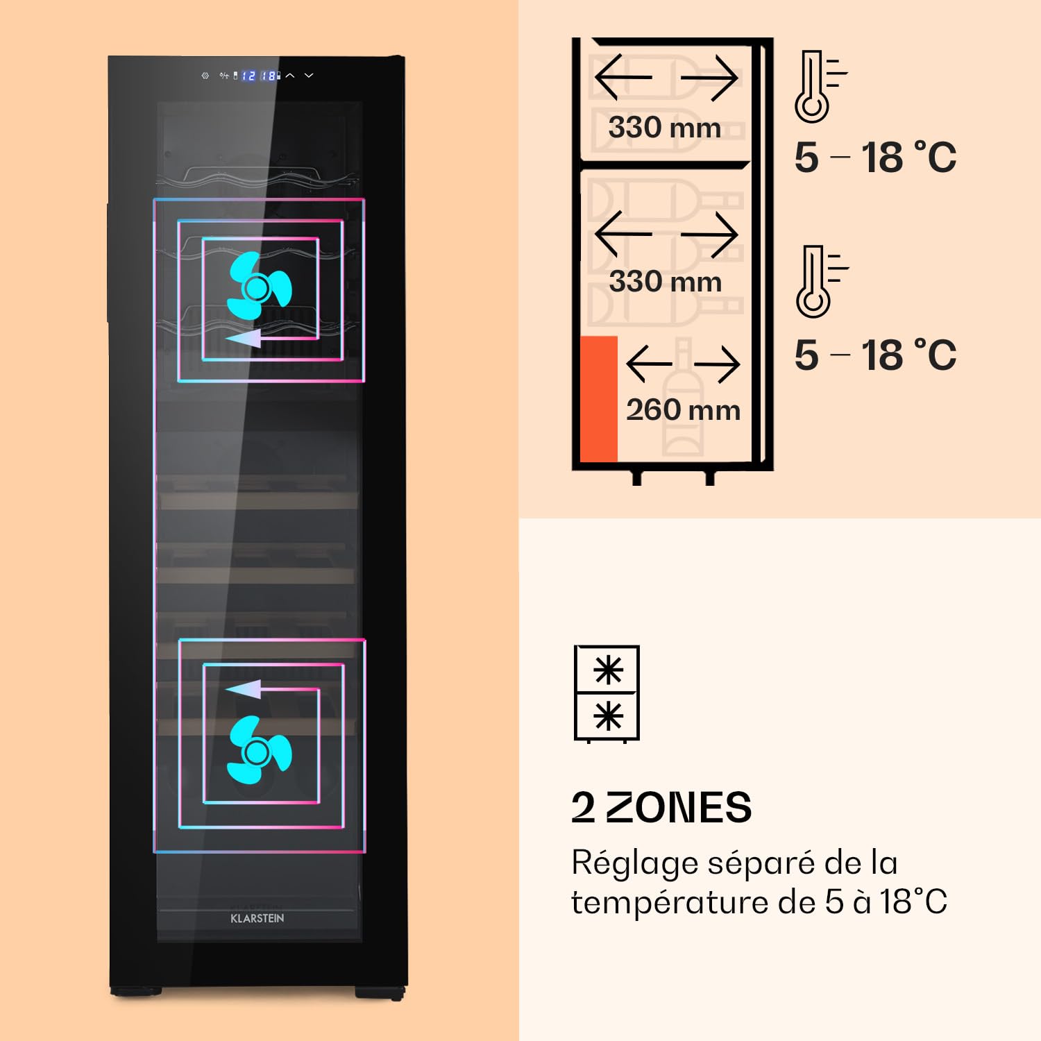 KLARSTEIN Bodega cave à vin deux zones porte vitrée 74 l 27 bouteilles noir