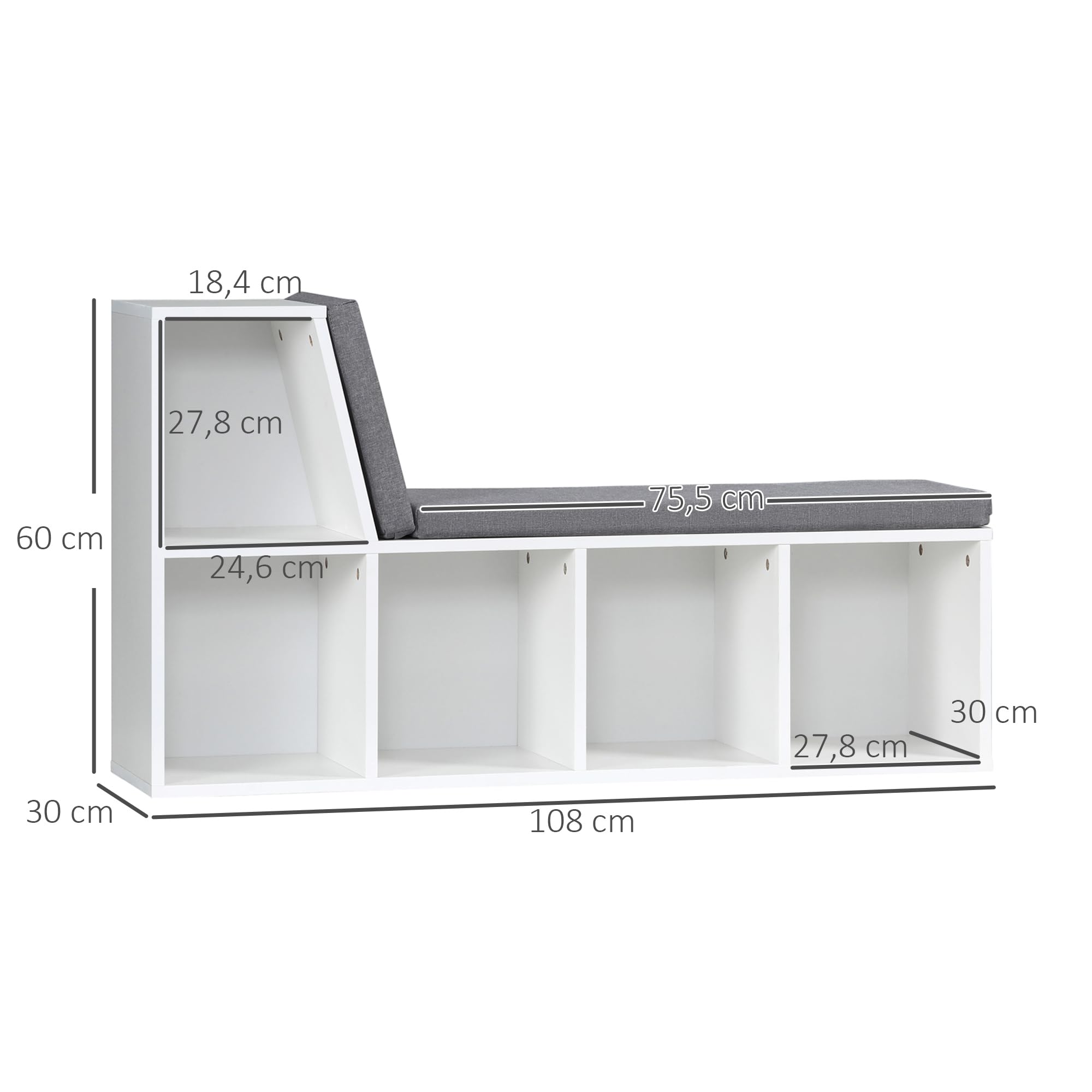 HOMCOM Regał na ławkę 2 w 1 z 5 przegródkami do przechowywania i 2 poduszkami, półka do przechowywania, książki 108 x 30 x 60 cm, biały szary